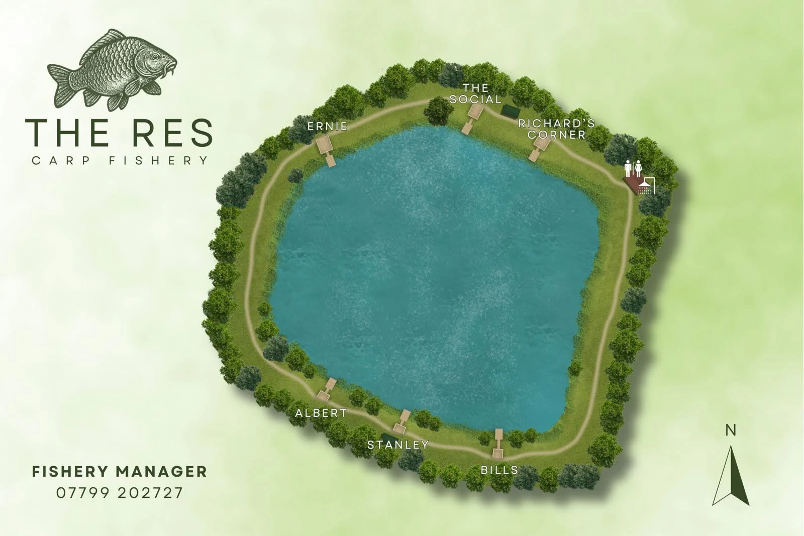 Illustrated map of The Res Fishery showing Ernie, The Social, Richard’s Corner, Albert, Stanley and Bills fishing swims, paths and facilities